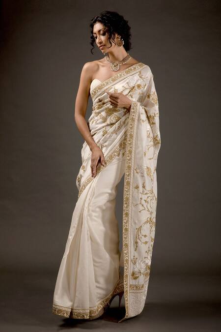 Rohit Bal_Ivory Chanderi Silk Floral Motifs Embroidered Saree With Unstitched Blouse Piece _Online_at_Aza_Fashions