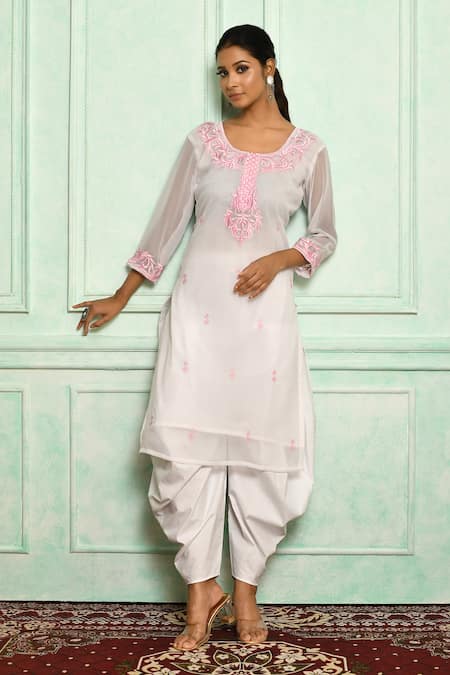 Arihant Rai Sinha White Kurta Georgette And Dhoti Pant Cotton Embroidery Resham & Stones & Set