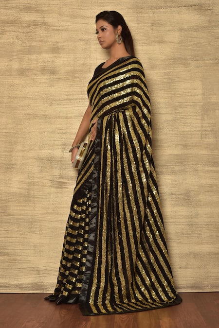 Khwaab by Sanjana Lakhani_Black Saree Georgette Embroidered Sequin Striped _Online_at_Aza_Fashions