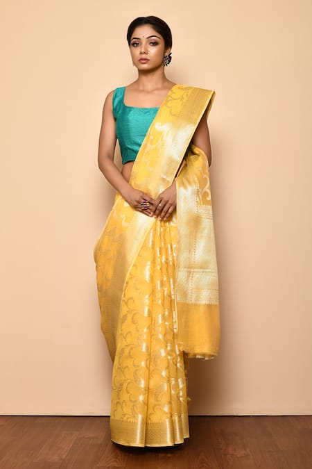 Naintara Bajaj_Yellow Zari Banarasi Cotton Silk Jaal Saree _Online_at_Aza_Fashions
