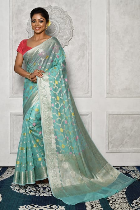 Nazaakat by Samara Singh Blue Banarasi Cotton Silk Woven Floral Motif Silver Zari Mina Jaal Work Saree