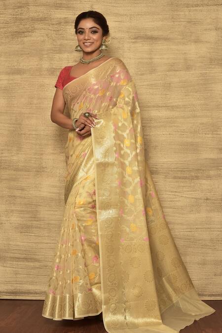 Nazaakat by Samara Singh Beige Banarasi Cotton Silk Woven Floral Motif Silver Zari Mina Pattern Saree