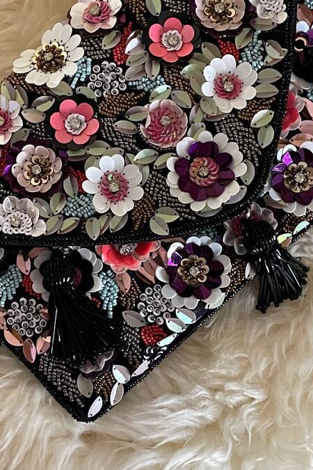 Bhavna Kumar_Black Embellished Floral Applique Boho Clutch_Online_at_Aza_Fashions