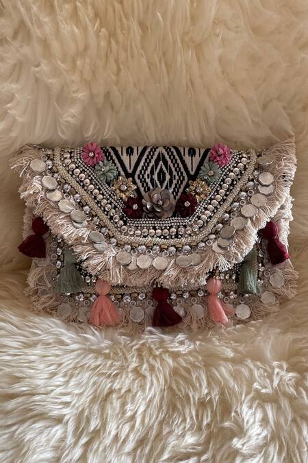Bhavna Kumar_Black Embroidery, Tassels Cotton Jacquard Boho Clutch_Online_at_Aza_Fashions