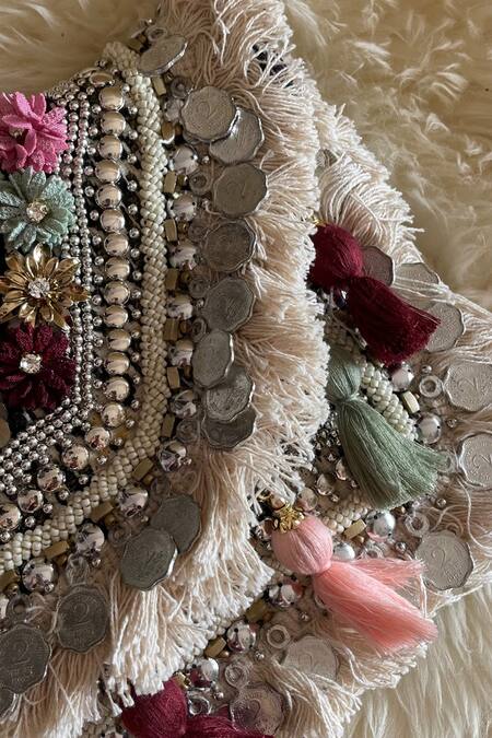 Buy_Bhavna Kumar_Black Embroidery, Tassels Cotton Jacquard Boho Clutch_Online_at_Aza_Fashions