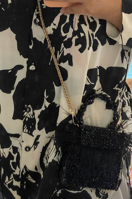 Bhavna Kumar_Black Beads, Fabric Flowers Embellished Mini Fur Handbag_Online_at_Aza_Fashions