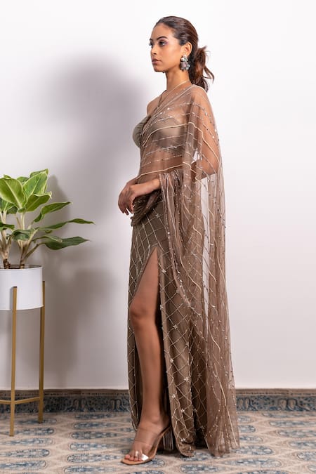 Silky Bindra_Brown Lycra And Soft Net Pearl, Sequin & Embroidered Pre-draped Saree With Blouse_Online_at_Aza_Fashions