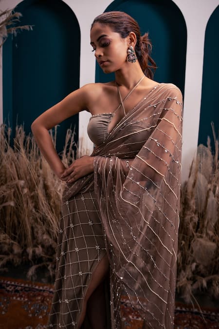 Shop_Silky Bindra_Brown Lycra And Soft Net Pearl, Sequin & Embroidered Pre-draped Saree With Blouse_Online_at_Aza_Fashions