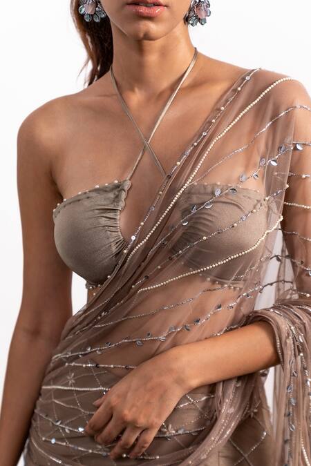 Silky Bindra_Brown Lycra And Soft Net Pearl, Sequin & Embroidered Pre-draped Saree With Blouse_at_Aza_Fashions
