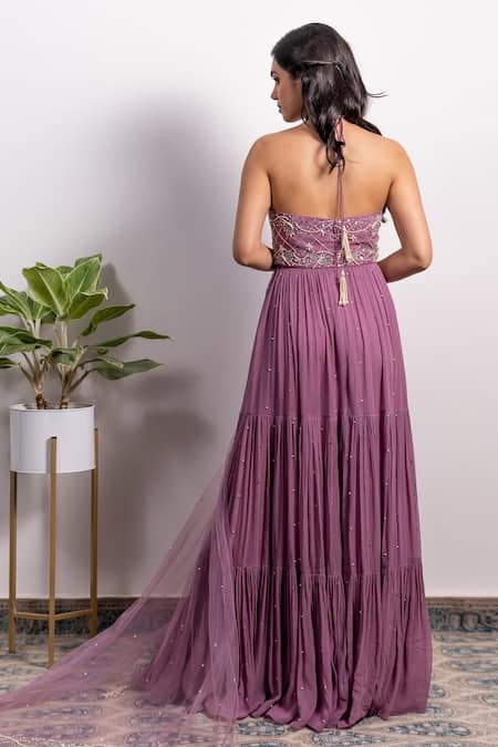 Shop_Silky Bindra_Purple Georgette, Net And Shantoon Pearl, Sequin & Neck Anarkali With Dupatta _at_Aza_Fashions