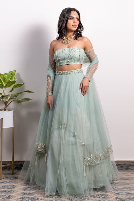 Buy_Silky Bindra_Green Net And Shantoon Pearl, Sequin & Cutdana One Lehenga Set With Off Blouse _Online_at_Aza_Fashions