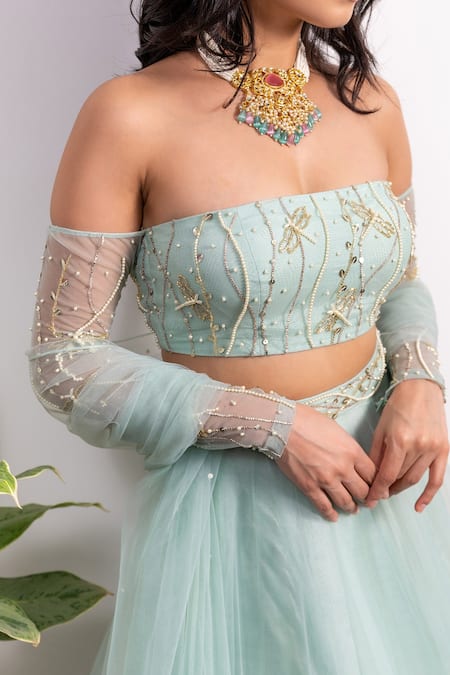 Shop_Silky Bindra_Green Net And Shantoon Pearl, Sequin & Cutdana One Lehenga Set With Off Blouse _Online_at_Aza_Fashions