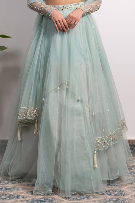 Silky Bindra_Green Net And Shantoon Pearl, Sequin & Cutdana One Lehenga Set With Off Blouse _at_Aza_Fashions
