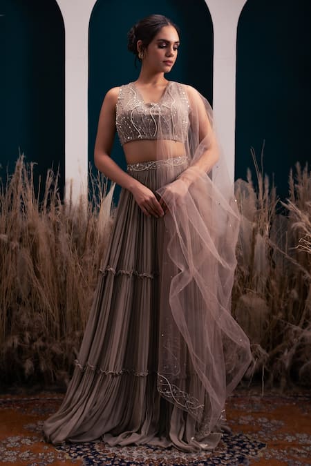 Buy_Silky Bindra_Brown Georgette, Net And Shantoon Pearl, Sequin & Cutdana Blunt Tiered Lehenga Set_Online_at_Aza_Fashions