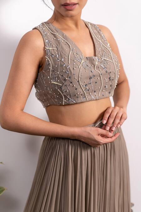 Shop_Silky Bindra_Brown Georgette, Net And Shantoon Pearl, Sequin & Cutdana Blunt Tiered Lehenga Set_Online_at_Aza_Fashions