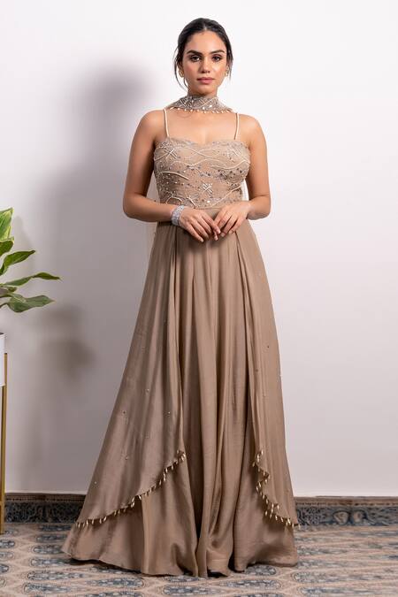 Silky Bindra Brown Crepe, Shantoon And Net Pearl, Sequin & Strappy Anarkali With Dupatta 