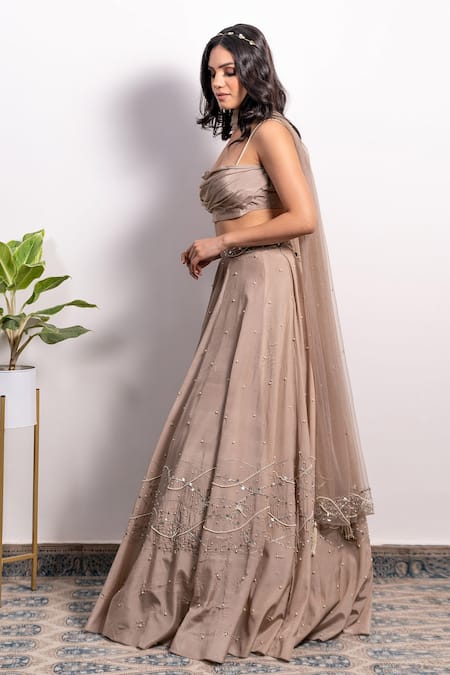 Silky Bindra_Brown Crepe, Shantoon And Net Pearl, Sequin & Cutdana Cowl Embroidered Lehenga Set_Online_at_Aza_Fashions