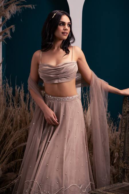 Buy_Silky Bindra_Brown Crepe, Shantoon And Net Pearl, Sequin & Cutdana Cowl Embroidered Lehenga Set_Online_at_Aza_Fashions