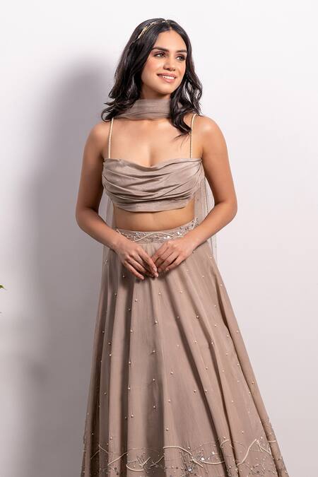 Shop_Silky Bindra_Brown Crepe, Shantoon And Net Pearl, Sequin & Cutdana Cowl Embroidered Lehenga Set_Online_at_Aza_Fashions