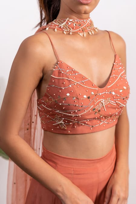 Silky Bindra_Pink Crepe, Shantoon And Net Pearl, Sequin & Embroidered Bustier & Palazzo Set _Online_at_Aza_Fashions
