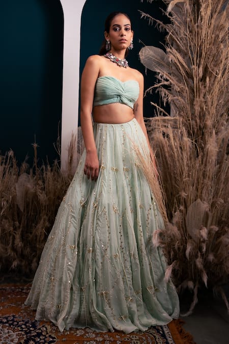 Silky Bindra_Green Organza And Shantoon Pearl, Sequin & Cutdana Embroidered Lehenga Set _Online_at_Aza_Fashions