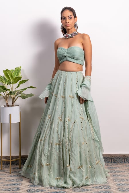 Shop_Silky Bindra_Green Organza And Shantoon Pearl, Sequin & Cutdana Embroidered Lehenga Set _Online_at_Aza_Fashions