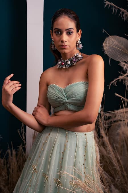 Silky Bindra_Green Organza And Shantoon Pearl, Sequin & Cutdana Embroidered Lehenga Set _at_Aza_Fashions