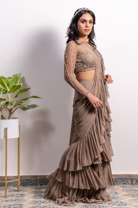 Silky Bindra_Brown Georgette, Net And Shantoon Pearl, Pre-draped Ruffle Saree With Blouse _Online_at_Aza_Fashions