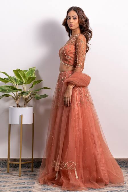 Buy_Silky Bindra_Pink Net And Shantoon Pearl, Sequin & Cutdana Round Embroidered Lehenga Set _Online_at_Aza_Fashions