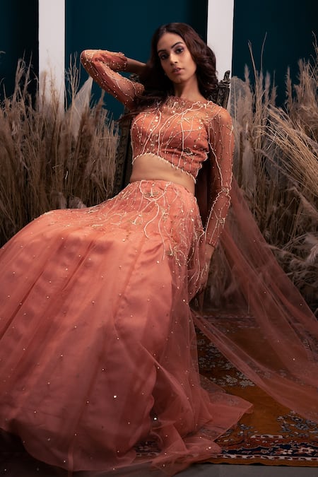 Shop_Silky Bindra_Pink Net And Shantoon Pearl, Sequin & Cutdana Round Embroidered Lehenga Set _Online_at_Aza_Fashions