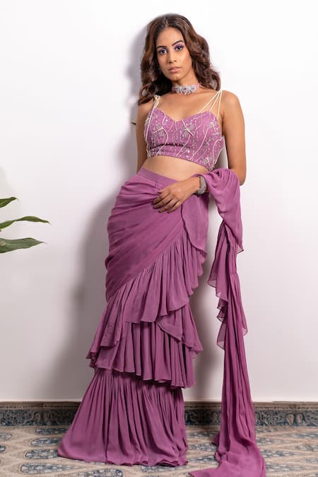 Buy_Silky Bindra_Purple Georgette And Shantoon Pearl, Sequin & Pre-draped Ruffle Saree With Blouse _Online_at_Aza_Fashions