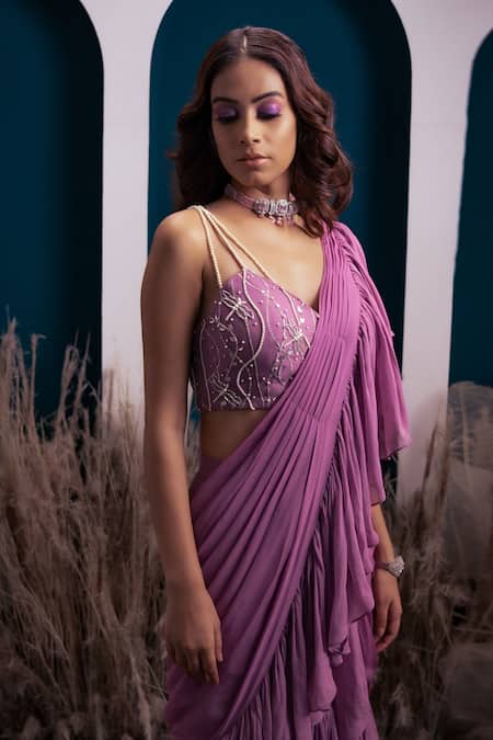 Shop_Silky Bindra_Purple Georgette And Shantoon Pearl, Sequin & Pre-draped Ruffle Saree With Blouse _Online_at_Aza_Fashions