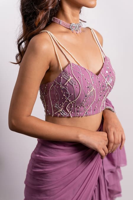 Silky Bindra_Purple Georgette And Shantoon Pearl, Sequin & Pre-draped Ruffle Saree With Blouse _at_Aza_Fashions
