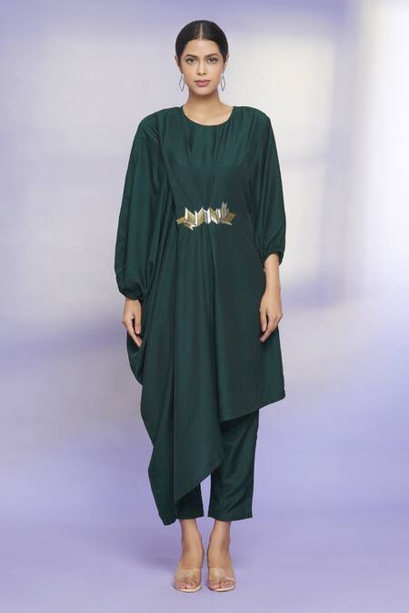 Aryavir Malhotra_Green Polyester Blend Bead Work Round Draped Kurta And Pant Set_Online_at_Aza_Fashions