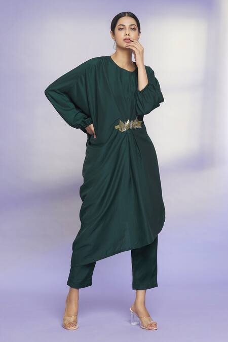 Buy_Aryavir Malhotra_Green Polyester Blend Bead Work Round Draped Kurta And Pant Set_Online_at_Aza_Fashions