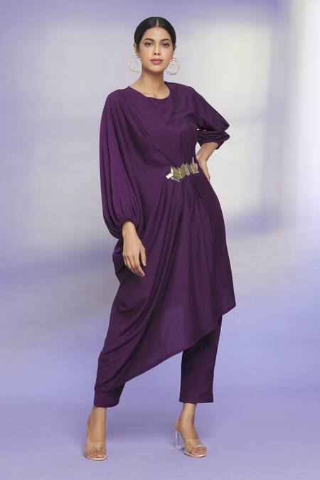 Buy_Aryavir Malhotra_Purple Polyester Blend Bead Work Round Draped Kurta And Pant Set_Online_at_Aza_Fashions