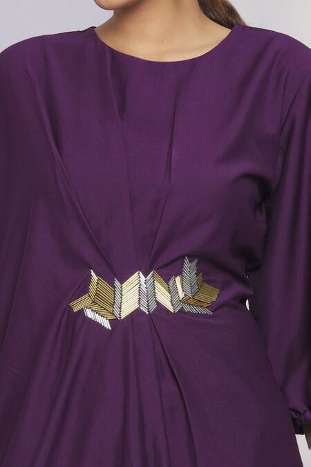 Shop_Aryavir Malhotra_Purple Polyester Blend Bead Work Round Draped Kurta And Pant Set_Online_at_Aza_Fashions