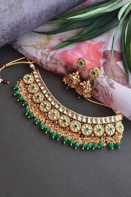 Buy_Swabhimann_Gold Plated Stones, Diamonds Geometric Kundan Necklace Set _Online_at_Aza_Fashions