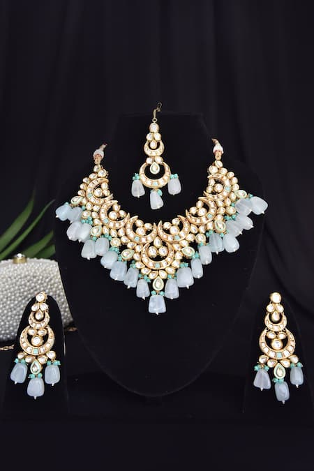 Buy_Swabhimann_Blue Diamonds, Stones, Crystals Crescent Kundan Necklace Set _Online_at_Aza_Fashions