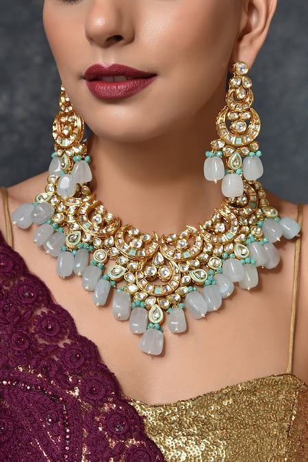 Shop_Swabhimann_Blue Diamonds, Stones, Crystals Crescent Kundan Necklace Set _Online_at_Aza_Fashions