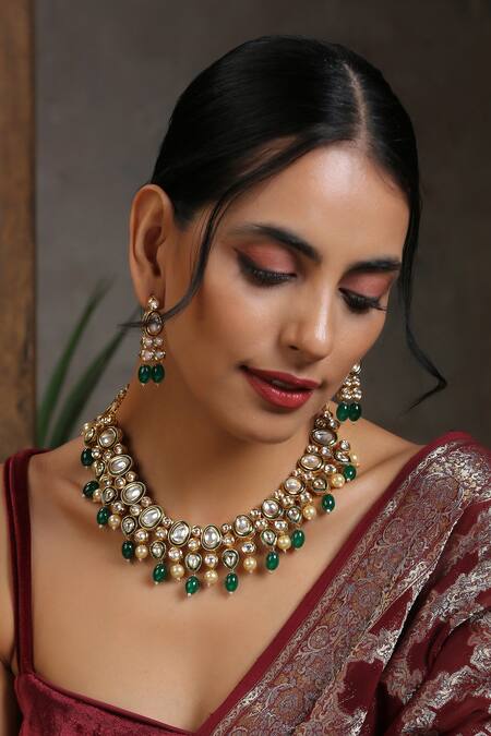 Swabhimann_Gold Plated Beads, Diamonds Kundan Embellished Choker Set _Online_at_Aza_Fashions