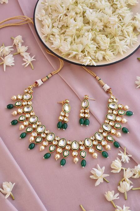 Buy_Swabhimann_Gold Plated Beads, Diamonds Kundan Embellished Choker Set _Online_at_Aza_Fashions