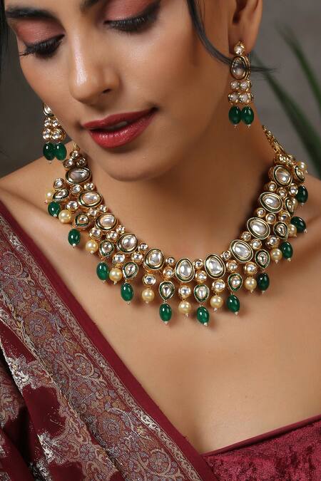 Shop_Swabhimann_Gold Plated Beads, Diamonds Kundan Embellished Choker Set _Online_at_Aza_Fashions