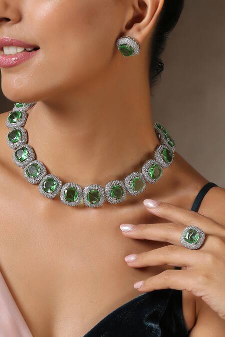 Buy_Swabhimann_Silver Plated Emerald Zirconia Embellished Necklace Set_Online_at_Aza_Fashions