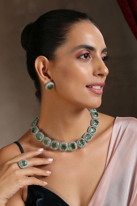 Swabhimann_Silver Plated Emerald Zirconia Embellished Necklace Set_Online_at_Aza_Fashions