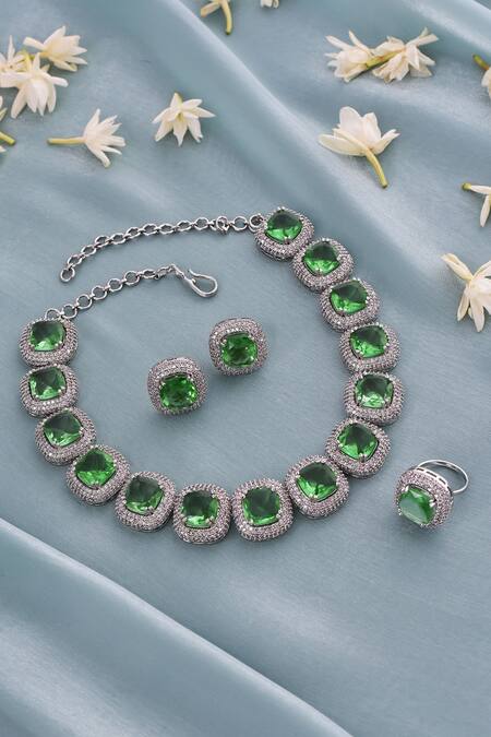 Shop_Swabhimann_Silver Plated Emerald Zirconia Embellished Necklace Set_Online_at_Aza_Fashions