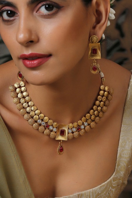 Shop_Swabhimann_Gold Plated Carved Necklace Set _Online_at_Aza_Fashions