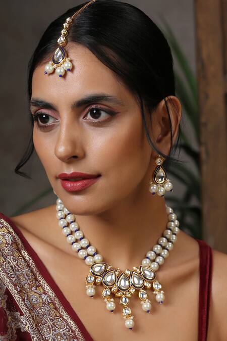 Swabhimann_Blue Pearls, Gota Patti Embellished Necklace Set _Online_at_Aza_Fashions