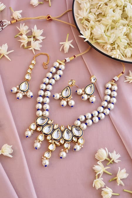 Buy_Swabhimann_Blue Pearls, Gota Patti Embellished Necklace Set _Online_at_Aza_Fashions