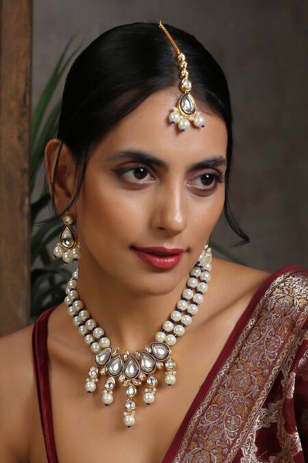 Shop_Swabhimann_Blue Pearls, Gota Patti Embellished Necklace Set _Online_at_Aza_Fashions